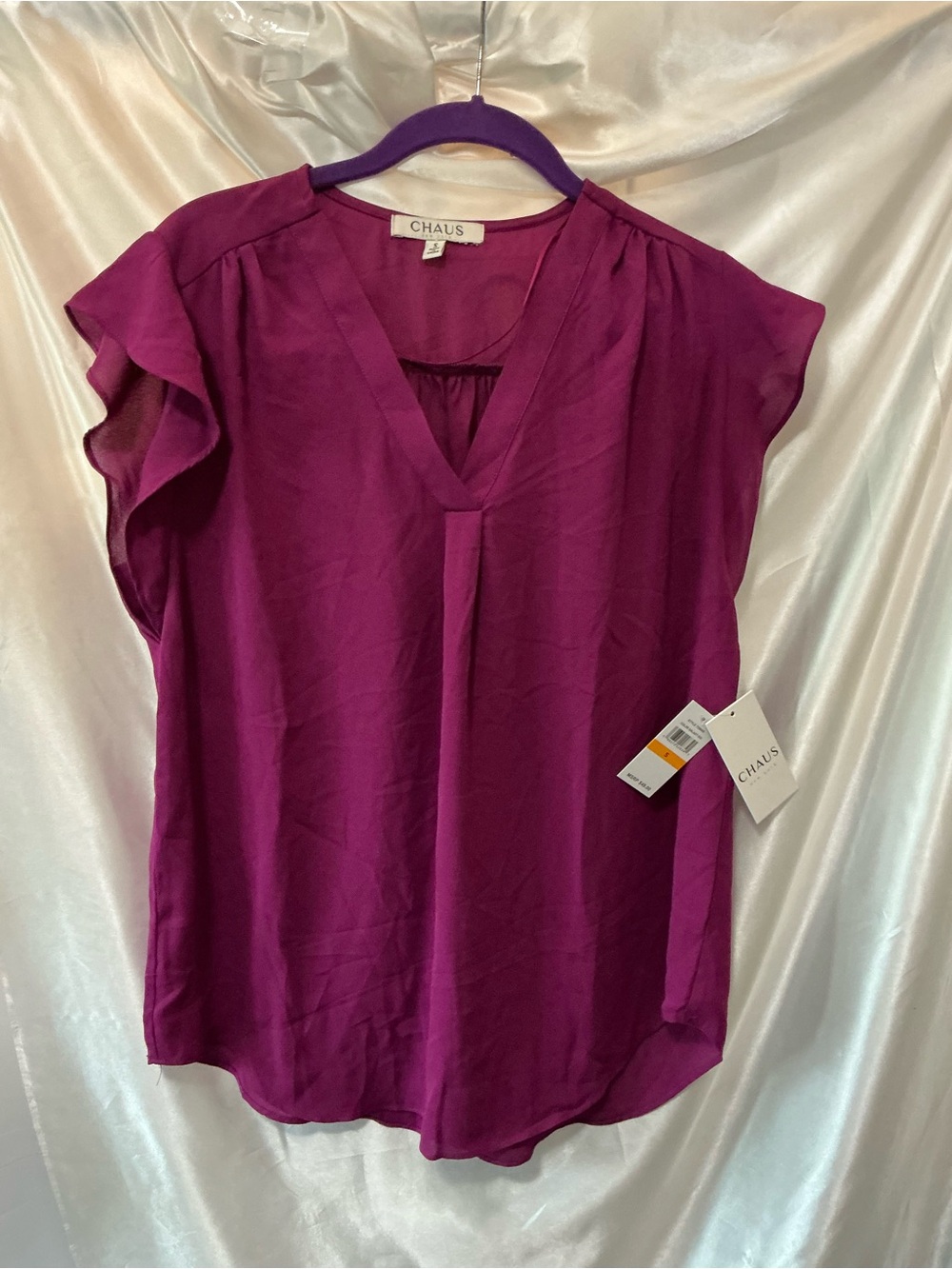 Chaus Fuchsia V-Neck Ruffle Sleeve Blouse NWT Small